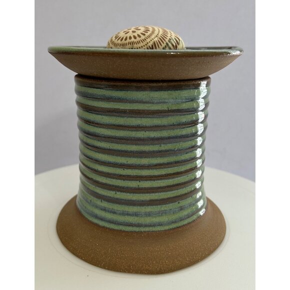 Handmade Green & Brown Pottery Spool Sewing Caddy Hole For Scissors Pin Cushion - Picture 2 of 6